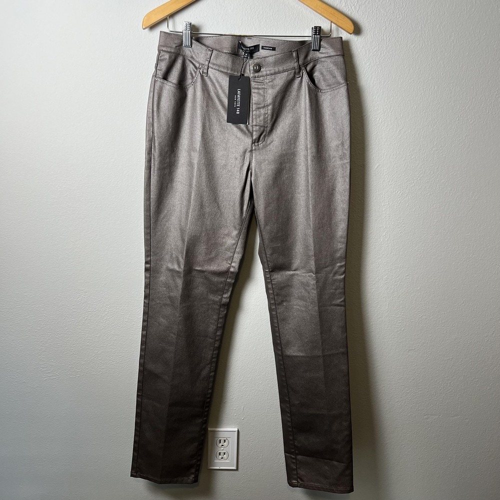 Lafayette 148 Pants Womens 10 Mason Thompson Metallic Coated Straight Leg New